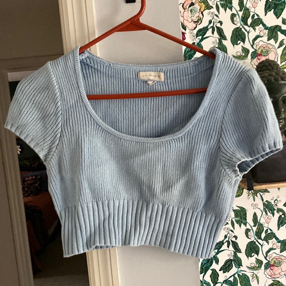 LA Hearts Cropped Light Blue Sweater